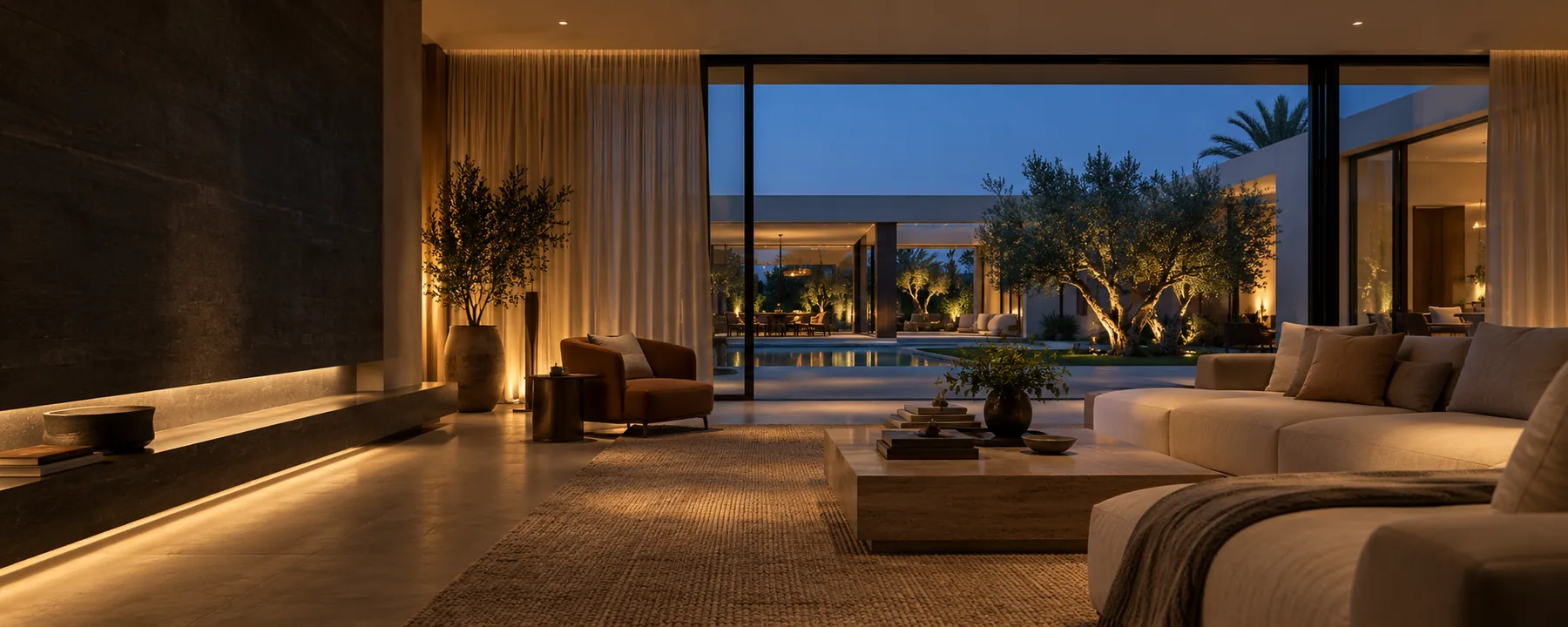 Contemporary villa living room at dusk with layered lighting