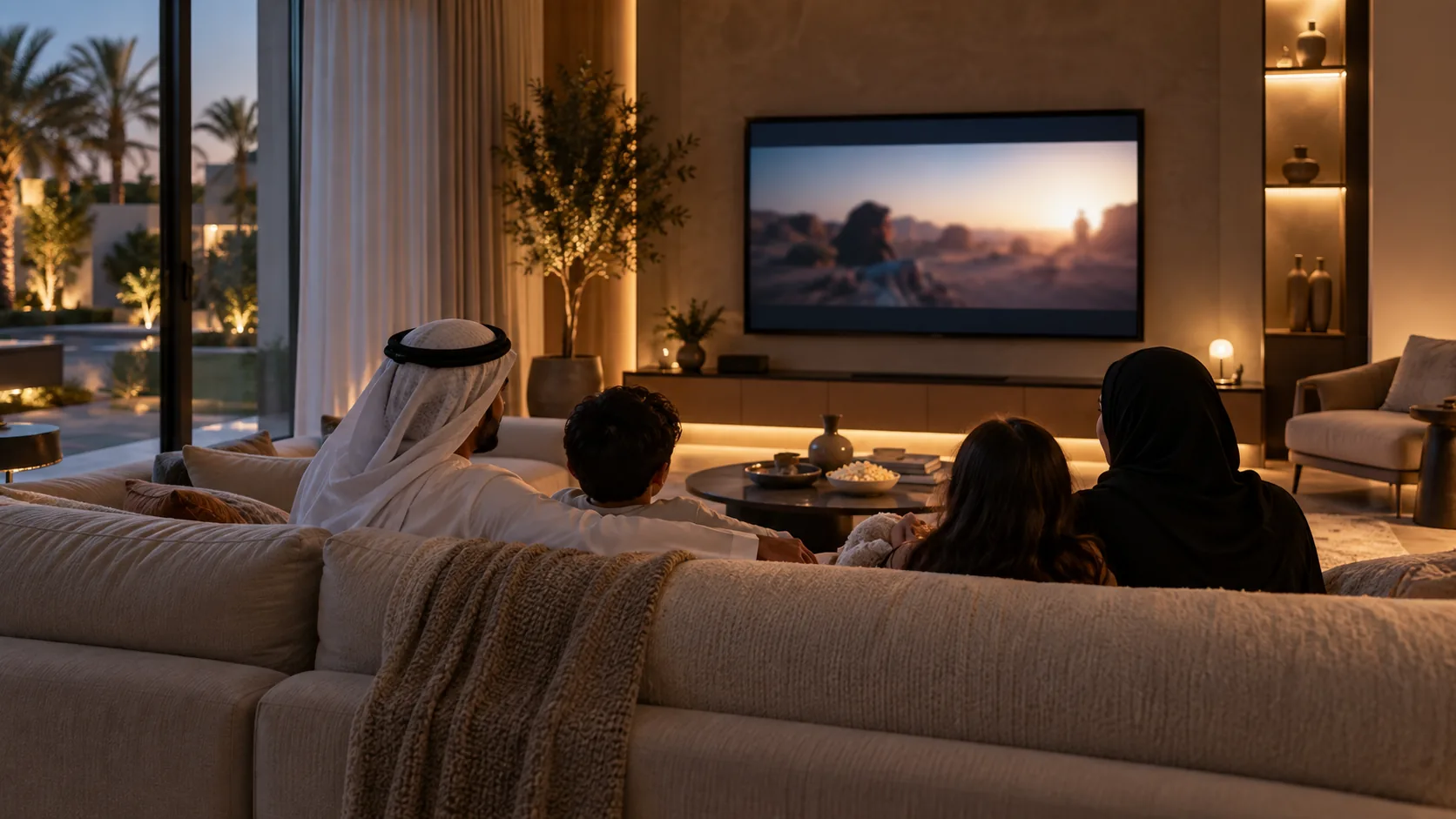 Family enjoying a movie in a softly lit living room