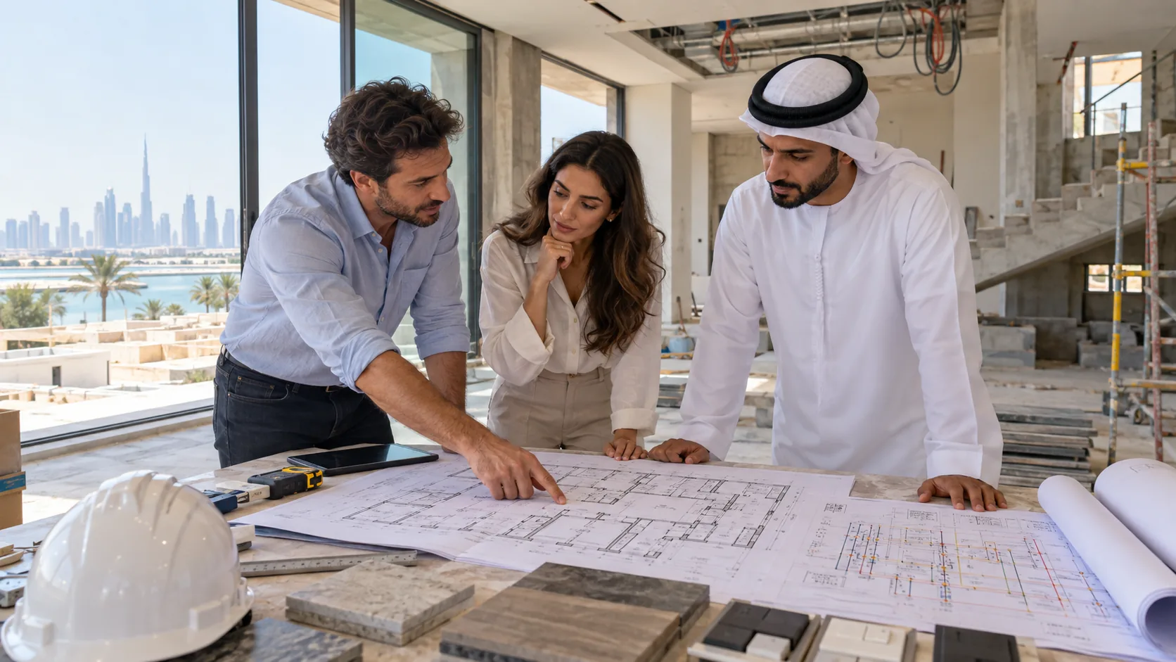 People reviewing plans in a building under construction
